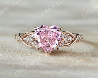 Unique Heart Shaped Pink Sapphire Engagement Ring Rose Gold Moissanite Cluster Wedding Ring Promise Anniversary Rings For Women Gift