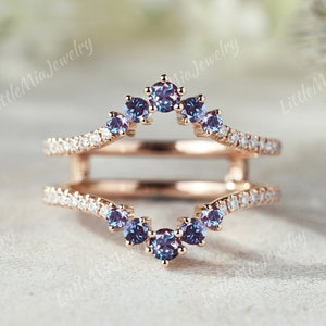 Vintage Alexandrite Ring Enhancer Rose Gold Double Curved Moissanite Wedding Band Unique Custom Ring Promise Personalized Gift For Her