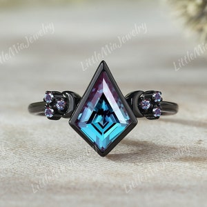 14K Black Gold Ring Alexandrite Engagement Ring Black Gold Moon Alexandrite Wedding Ring Gothic Promise Purple Gemstone Rings For Women