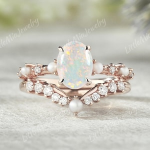 Oval Cut Natural Opal Engagement Ring Set Rose Gold Pearl Curved Moissanite Opal Wedding Band Opal Ring Set Women Wedding Ring Set