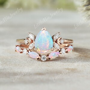 Unique Pear Cut Natural Opal Engagement Ring Set Solid Gold Marquise Opal Moon Wedding Ring Set Birthstone Ring Set Rainbow Opal Ring Set