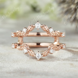 Unique Moissanite Double Curved Wedding Band Rose Gold Leaf Moissanite Ring Enhancer Stacking Promise Rings For Women Anniversary Gift