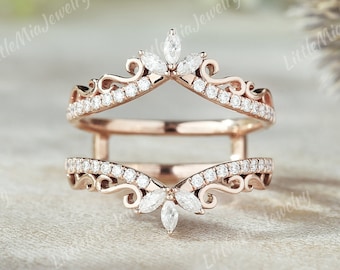Vintage Marquise Moissanite Ring Enhancer Rose Gold Double Curved Wedding Band Stacking Matching Promise Rings For Women Anniversary Gift
