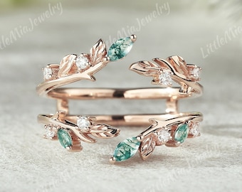 Unique Moss Agate Ring Enhancer Rose Gold Leaf Branch Double Wedding Band Dainty Moissanite Wedding Ring Promise Ring Stacking Matching Ring