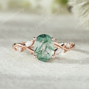 Unique Moss Agate Engagement Ring Nature Inspired Rose Gold Moissanite Cluster Wedding Ring Promise Custom Ring Anniversary Gift For Her