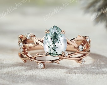 Natural Moss Agate Wedding Ring Set Art Deco Branch Moss Agate Engagement Ring Gold Anniversary Rings For Women Custom Branch Wedding Band