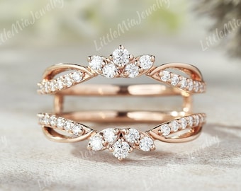Moissanite Ring Enhancer Wedding Band Rose Gold Double Moissanite Curved Enhancer Wedding Band Floral Personalized Custom Rings For Women