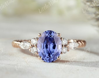 Ovaler Kornblumen-Saphir-Verlobungsring, Art-Deco-Blauer Saphir-Ehering, Marquise-Moissanit-Verlobungsring für Frauen, personalisierte Geschenke