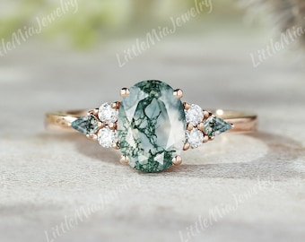 Unique Oval Cut Natural Moss Agate Engagement Ring Solid Gold Kite Moss Agate Wedding Ring Rose Gold Anniversary Ring Bridal Rings for Women