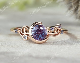 Unique Moon Alexandrite Engagement Ring Rose Gold Star Alexandrite Wedding Ring Sailor Moon Inspired Promise Ring Anniversary Gift For Her