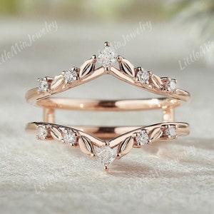 Unique  Leaf Moissanite Ring Enhancer Solid Gold Moissanite Double Curved Wedding Band Stacking Promise Rings For Women Anniversary Gift