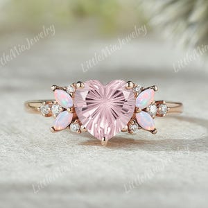 Firework Cut Pink Sapphire Engagement Ring Rose Gold Opal Cluster Wedding Band Custom Promise Wedding Ring Anniversary Rings for Women