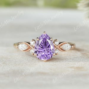 Firework Cut Purple Sapphire Engagement Ring Solid Gold Moissanite Cluster Wedding Ring Pear Cut Purple Gemstone Anniversary Rings for Women
