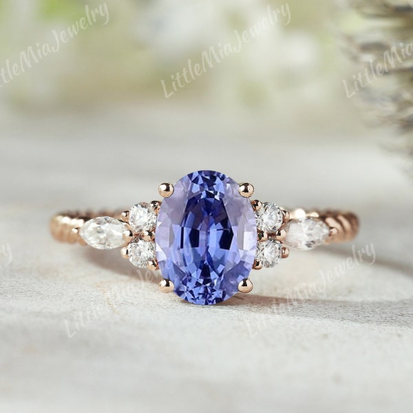 Oval Cornflower Sapphire Engagement Ring Art Deco Blue Sapphire Wedding Ring Marquise Moissanite Promise Rings For Women Personalized Gifts