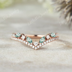 Unique Marquise Cut Moss Agate Wedding Band Rose Gold Moissanite Curved Wedding Ring Stacking Matching Rings For Women Personalized Jewelry
