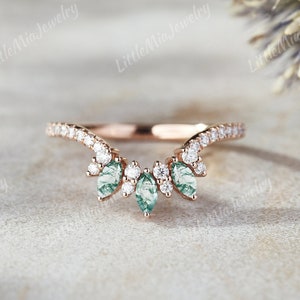 Unique Marquise Cut Natural Moss Agate Wedding Band Solid Gold Moissanite Curved Wedding Ring Stacking Matching Rings For Women Jewelry