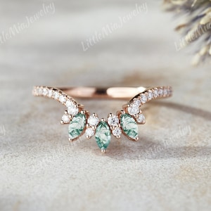 Unique Marquise Cut Natural Moss Agate Wedding Band Solid Gold Moissanite Curved Wedding Ring Stacking Matching Rings For Women Jewelry