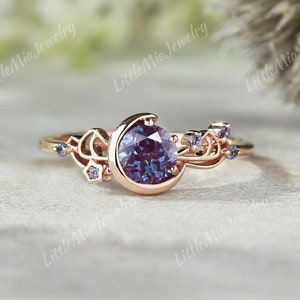 Unique Moon Alexandrite Engagement Ring Rose Gold Star Alexandrite Wedding Ring Sailor Moon Inspired Promise Ring Anniversary Gift For Her