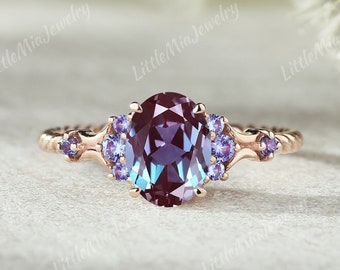 Art Deco Alexandrite Ring Vintage Alexandrite Verlovingsring Rose Gold Ring Alexandrite Cluster Ring Trouwring Unieke geschenken voor vrouwen