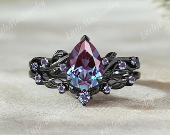 14K Black Gold Pear Shape Alexandrite Engagement Ring Set Black Gold Leaf Floral Alexandrite Wedding Band Gothic Ring Bridal Set Gift