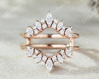 Unique Marquise Moissanite Double Curved Wedding Band Rose Gold Moissanite Ring Enhancer Promise Custom Rings For Women Personalized Jewelry