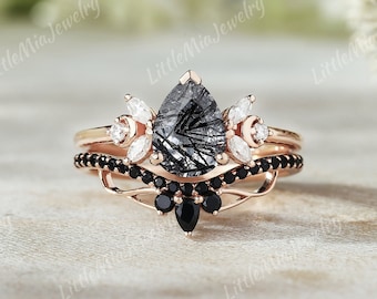 Unique Black Rutilated Quartz Engagement Ring Set For Women Solid Gold Black Onyx Curved Wedding Band Bridal Ring Set Promise Ring Set