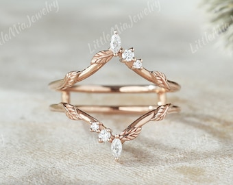 Unique Marquise Moissanite Wedding Band Rose Gold Leaf Floral Moissanite Ring Enhancer Ring Guard Wedding Ring Personalized Rings For Women