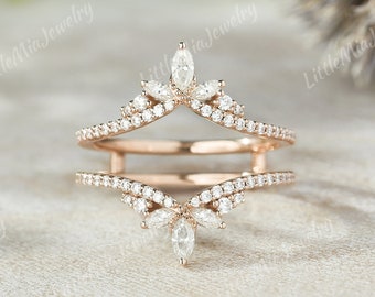 Vintage Marquise Moissanite Double Curved Wedding Band Rose Gold Moissanite Ring Enhancer Stacking Matching Rings For Women Handmade Jewelry