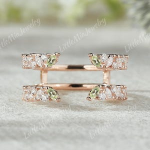 Unique Peridot Double Curved Wedding Band 14k Rose Gold Moissanite Cluster Ring Enhancer Stacking Matching Ring Anniversary Rings for Women
