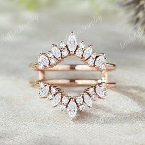 Unique Marquise Moissanite Double Curved Wedding Band Rose Gold Moissanite Ring Enhancer Promise Custom Rings For Women Personalized Jewelry