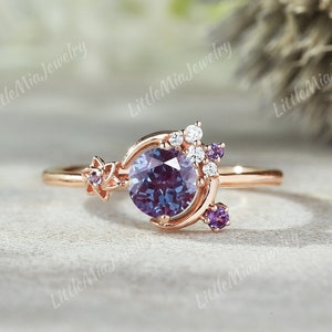 Unique Moon Alexandrite Engagement Ring Sterling Silver Amethyst Wedding Ring Art Deco Star Moissanite Promise Ring Anniversary Gift For Her