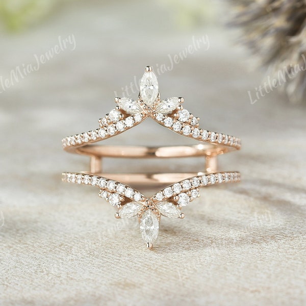 Vintage Marquise Moissanite Double Curved Wedding Band Rose Gold Moissanite Ring Enhancer Stacking Matching Rings For Women Handmade Jewelry