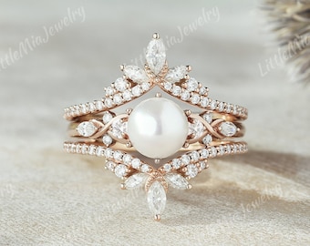 Vintage Akoya Pearl Engagement Ring Set Solid Gold Marquise Moissanite Double Curved Wedding Band Promise Rings For Women Anniversary Gift
