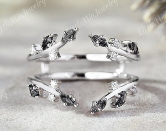 Vintage Black Rutilated Quartz Double Curved Wedding Band Black Quartz Wedding Band White Gold Stacking Rings For Women Personalized Gifts