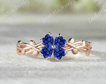 Unique Sapphire Engagement Ring Rose Gold Lucky Clover Sapphire Wedding Ring Nature Inspired Leaf Ring Custom Irish Jewelry Rings For Women