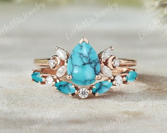Unique Pear Cut Turquoise Engagement Ring Set Unique Rose Gold Marquise Turquoise Wedding Band December Birthstone Ring Set Bridal Set