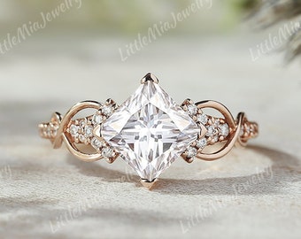 Unique Princess Cut Moissanite Engagement Ring Rose Gold Twist Moissanite Cluster Wedding Ring Promise Bridal Ring Anniversary Gift For Her