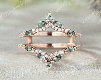Unique Moss Agate Ring Enhance Rose Gold Moissanite Double Curved Wedding Band Marquise Natural Moss Agate Promise Ring For Women Jewelry