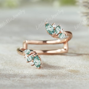 Unique Marquise Moss Agate Wedding Band Rose Gold Nature Inspired Moss Agate Ring Enhancer Moissanite Stacking Matching Rings For Women