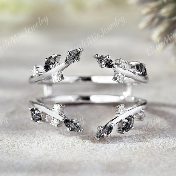 Vintage Black Rutilated Quartz Double Curved Wedding Band Black Quartz Wedding Band White Gold Stacking Rings For Women Personalized Gifts
