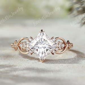 Anillo de compromiso único de moissanita con corte princesa, oro rosa, racimo de moissanita retorcido, anillo de boda, anillo de promesa nupcial, regalo de aniversario para ella