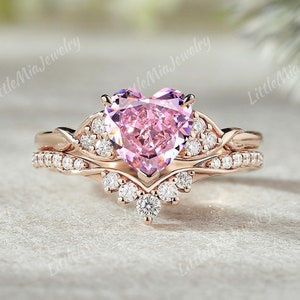 Unique Heart Cut Pink Sapphire Ring Set Rose Gold Vine Pink Sapphire Engagement Ring Set Moissanite Curved Wedding Band Sapphire Ring Set