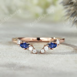 Unique Natural Blue Sapphire Opal Wedding Band Rose Gold Open Moissanite Curved Wedding Ring Stacking Custom Promise Rings For Women Gift
