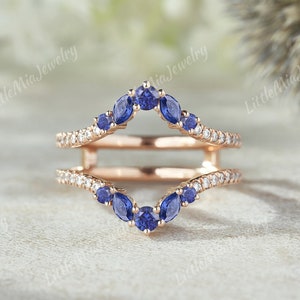 Unique Marquise Sapphire Ring Enhancer Rose Gold Moissanite Double Curved Wedding Band Handmade Jewelry Stacking Matching Rings For Women