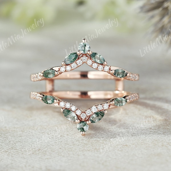 Unique Moss Agate Ring Enhance Rose Gold Moissanite Double Curved Wedding Band Marquise Natural Moss Agate Promise Ring For Women Jewelry