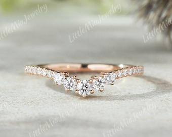 Unique Moissanite Curved Wedding Band Rose Gold Moissanite Wedding Ring Stacking Matching Promise Custom Rings For Women Handmade Jewelry