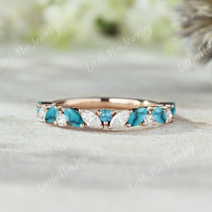 Unique Marquise Turquoise Wedding Band Solid Gold Moissanite Wedding Ring Turquoise Stacking Anniversary Ring Birthstone Rings For Women