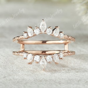 Unique Moissanite Ring Enhancer  Leaf Floral Moissanite Double Curved Wedding Band Rose Gold Promise Custom Wedding Band Rings For Women