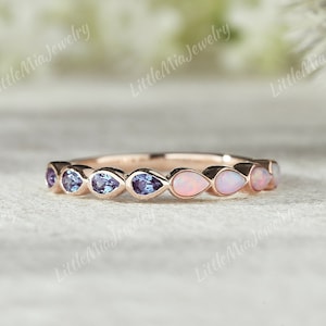 Bezel Setting Alexandrite Wedding Band Unique Rose Gold Opal Wedding Ring Alexandrite Stacking Ring Rings For Women Personalized Jewelry