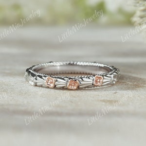 Unique Two Tone Ring White Gold Wedding Band Unique Leaf Floral Wedding Ring Mixed Metals Ring Promise Ring Anniversary Rings For Women